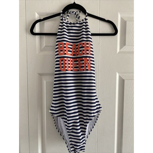 Beach Queen Small Striped One Piece Swimsuit Vacation Cruise Beach Halter Tie - Picture 1 of 4
